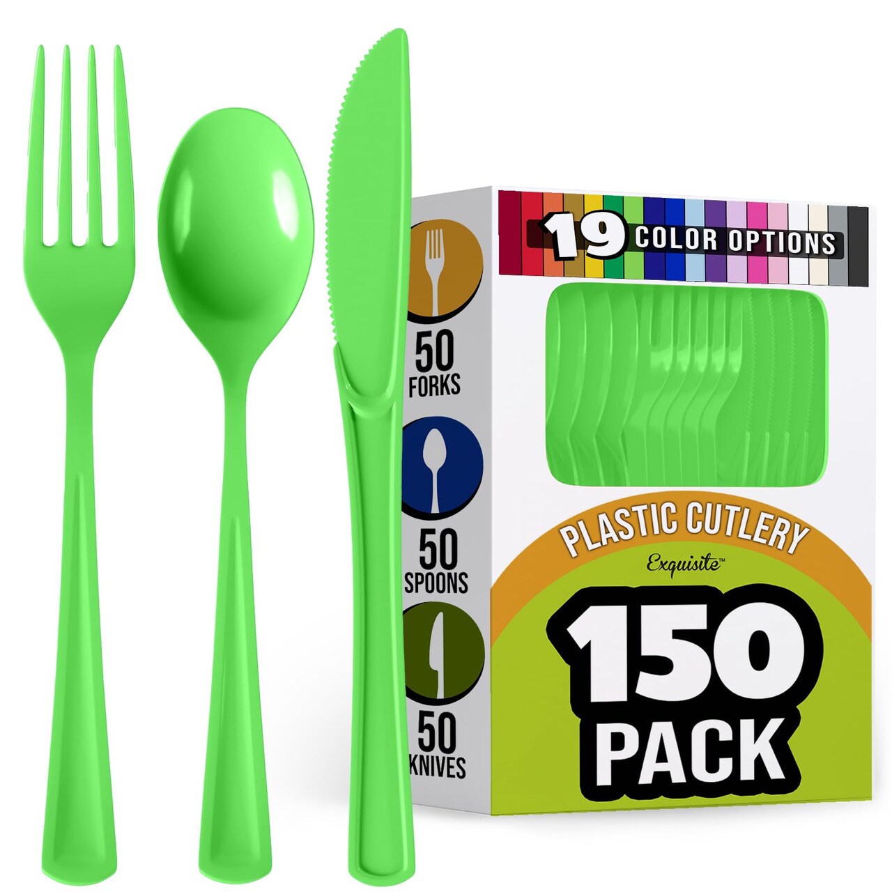 Exquisite Polished Plastic Silverware – 150 Pcs Heavy Duty Cutlery Set – 50 Each of Forks, Knives & Spoons – Disposable Utensil Set for Parties, Events & Catering – Flatware Set by Party Solids
